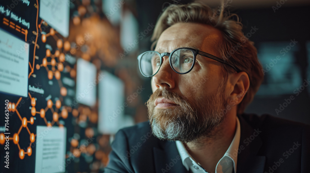 © BeautyStock - A trial lawyer business man in office scrutinizes looking a large flowchart screen on the wall, technology strategy concept © BeautyStock - A trial lawyer business man in office scrutinizes looking a large flowchart screen on the wall, technology strategy concept