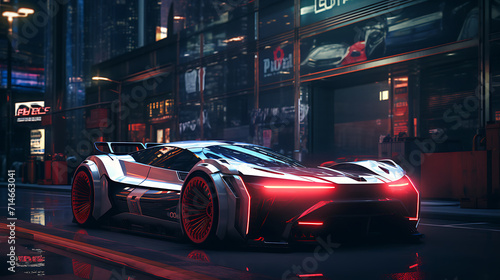 A futuristic electric car racing in a cyberpunk city.