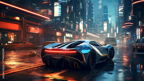 A futuristic electric car racing in a cyberpunk city.