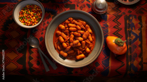 A bowl of Nigerian ewa agoyin, a spicy bean stew served with fried plantains, a popular suhoor dish photo