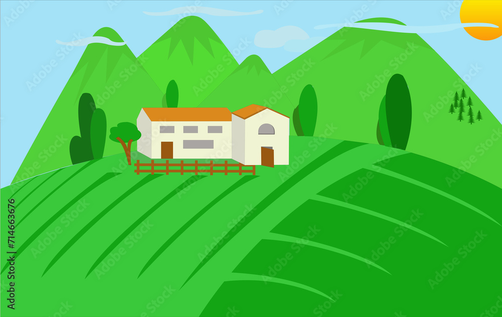 Maison de campagne avec pré au premier plan et collines vertes en arrière-plan