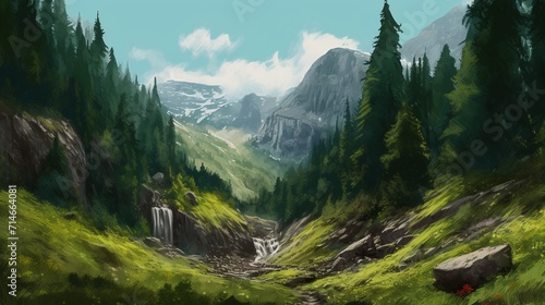 A consistent mountain view as the journey through forests filled with greenery, Romania's ambiance of waterfalls - Generative AI