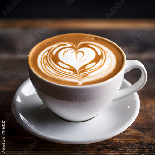 Close up latte art coffee with heart shape in white cup on wooden table for holiday relax time and valentine's day concept.