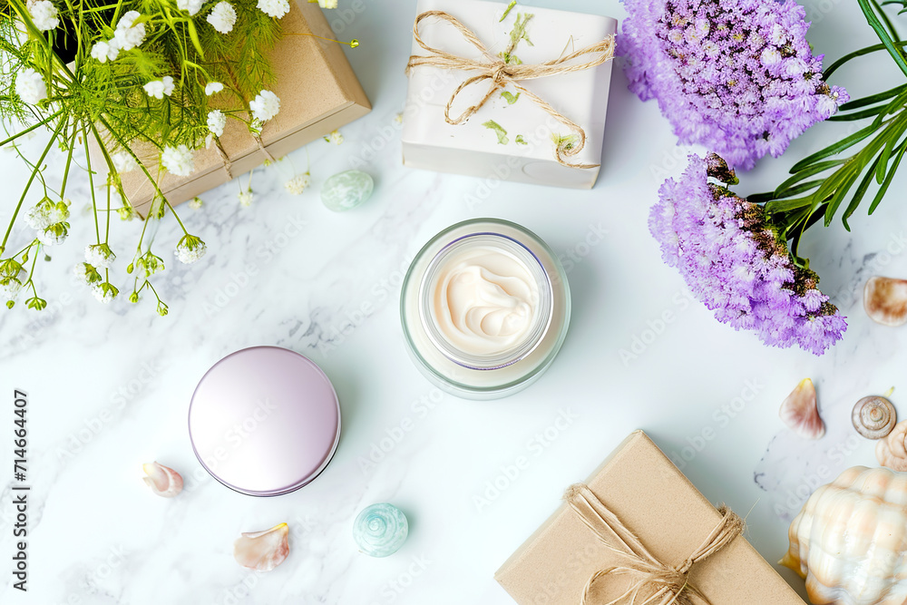 beige and white natural cosmetic, vial and cream jars, gift boxes, flowers on white background beige and white natural cosmetic, vial and cream jars, gift boxes, flowers on white background