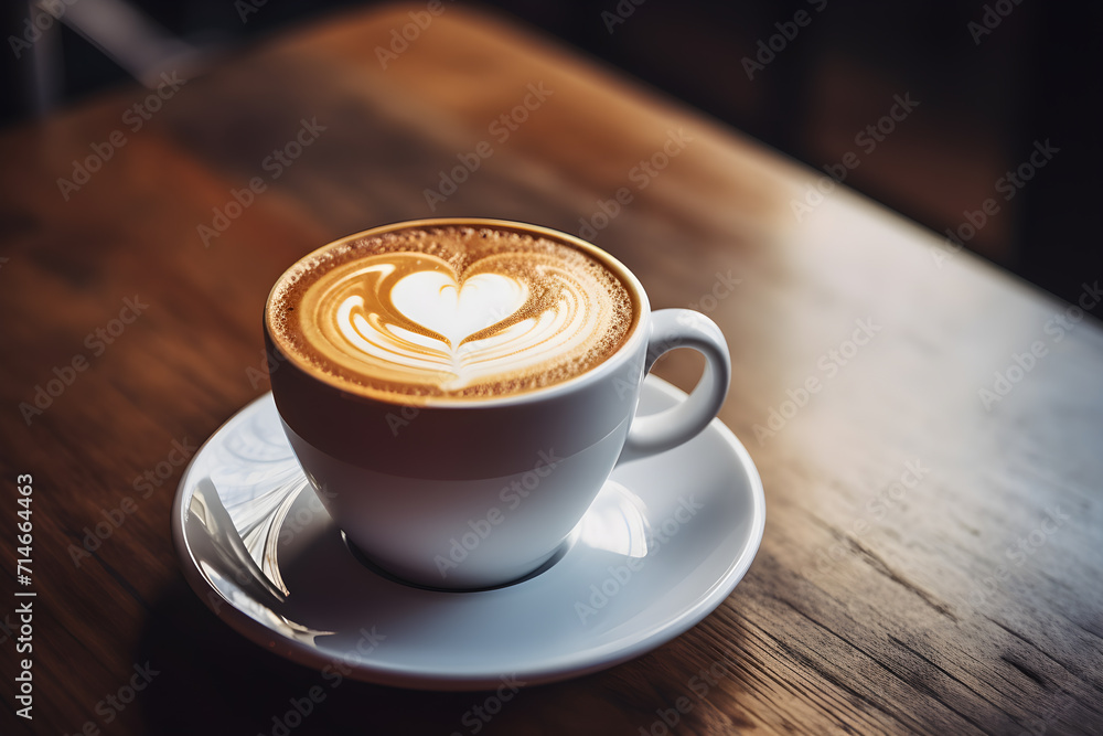 Latte art coffee with heart shape in white cup on wooden table for holiday relax time and valentine's day concept. Latte art coffee with heart shape in white cup on wooden table for holiday relax time and valentine's day concept.