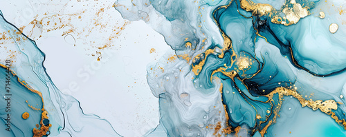 Abstract marble background, white, gray and turquoise agate texture with thin gold veins. photo