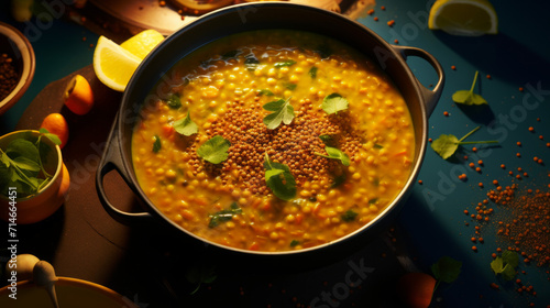 A warm bowl of lentil soup, a nourishing and comforting dish often served at the beginning of a Ramadan meal photo