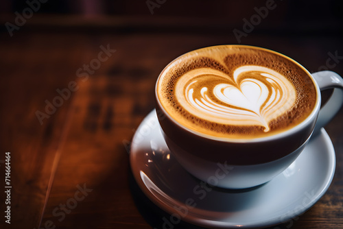 Close up latte art coffee with heart shape in white cup on wooden table for holiday relax time and valentine's day concept.