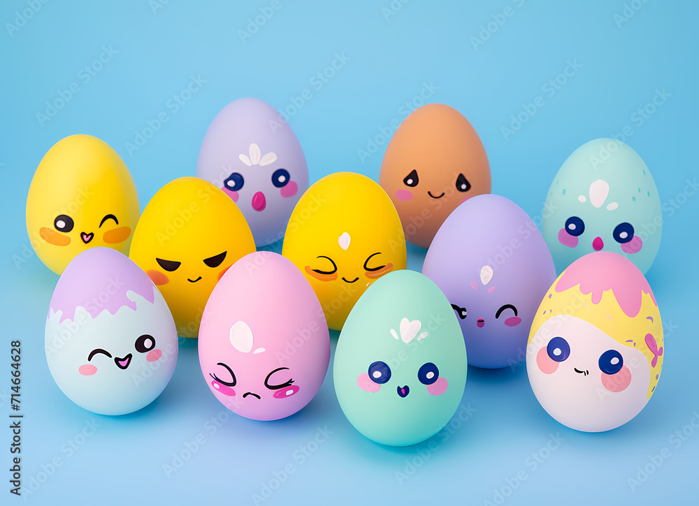 easter eggs on blue background. Easter Eggs with Drawn Funny Faces. Generative AI easter eggs on blue background. Easter Eggs with Drawn Funny Faces. Generative AI