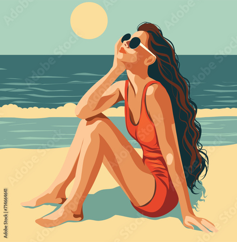 Vector illustration of a girl on summer vacation, in a dip, sunbathing in a bikini on the beach, swimming in the sea, hello summer, retro style, vintage