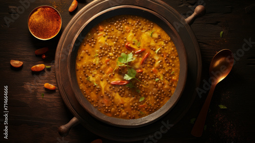A warm bowl of lentil soup, a nourishing and comforting dish often served at the beginning of a Ramadan meal photo