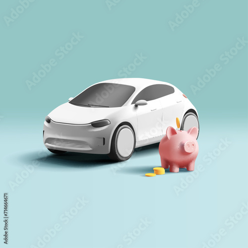 3d realistic modern white car with pink piggy bank with coins next to it, savings for car deposit