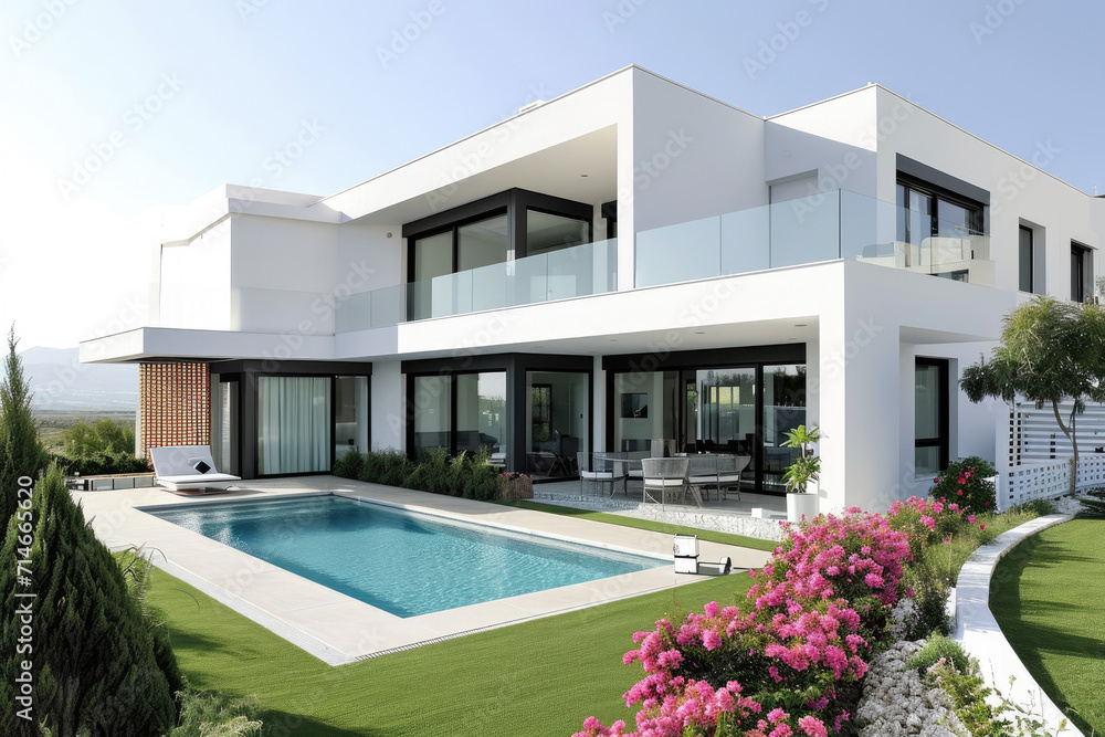 a modern minimalist house with a big flowers garden and a pool