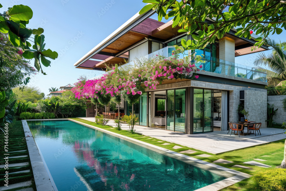 a modern minimalist house with a big flowers garden and a pool