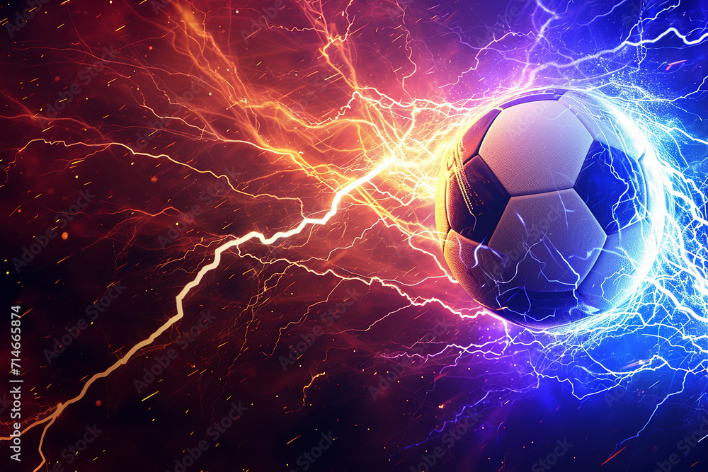 Fototapeta premium soccer ball with flames and lightning flying on night sky, blue and purple background