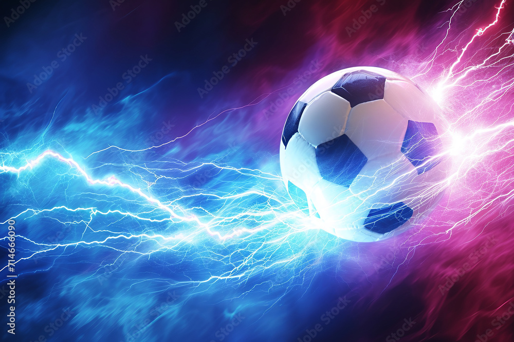 Fototapeta premium soccer ball with flames and lightning flying on night sky, blue and purple background