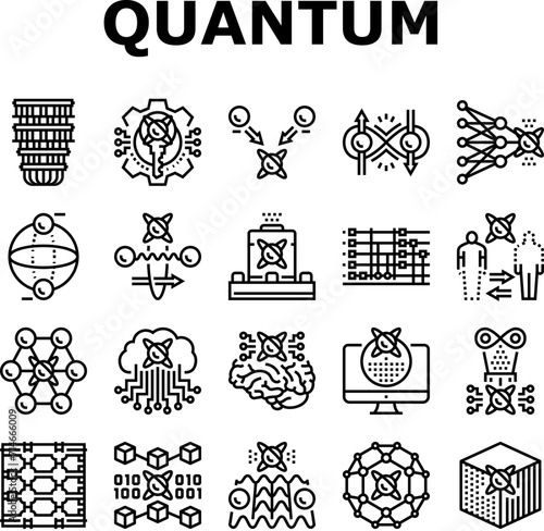 quantum technology data science icons set vector. computer tech, abstract ai, network cyber, chip security, digital internet, big quantum technology data science black contour illustrations