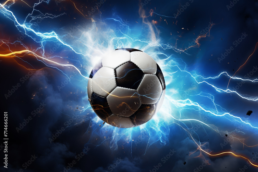 Fototapeta premium soccer ball with flames and lightning flying on night sky, dark blue background