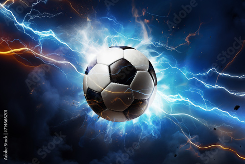 soccer ball with flames and lightning flying on night sky  dark blue background