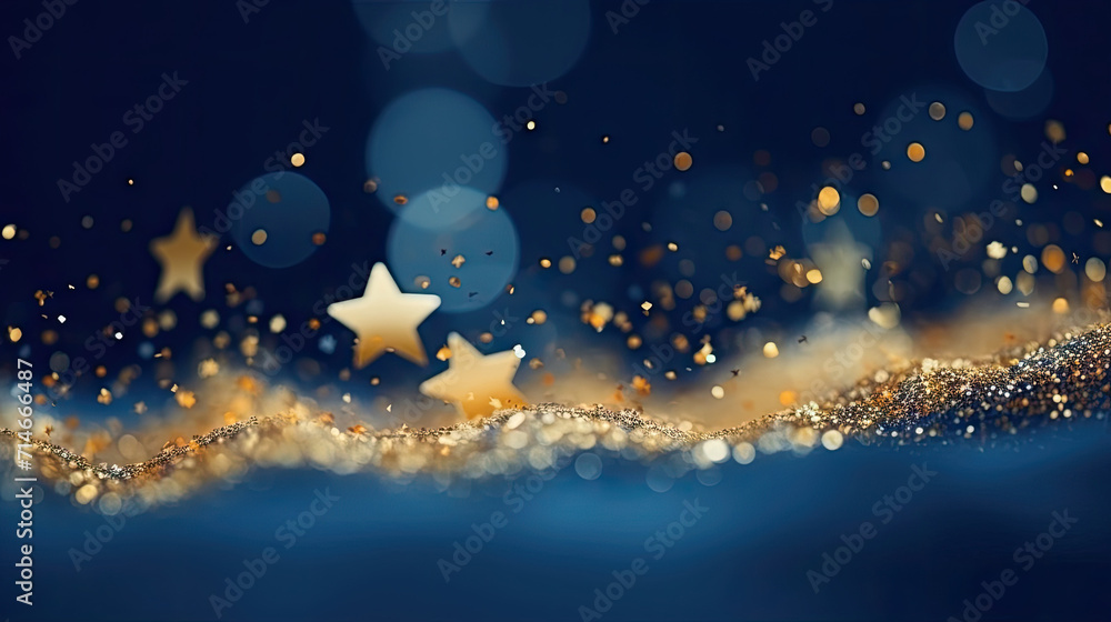  Abstract background with gold stars, particles and sparkling on navy blue. Christmas Golden light shine particles bokeh on navy blue background. 2025 New year background. Gold foil texture. 