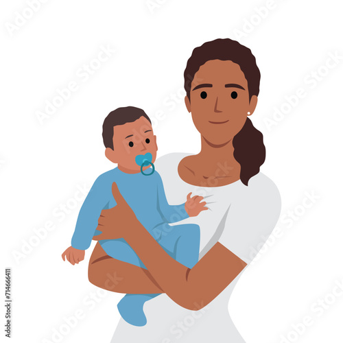 Illustration Of Mother Holding Baby Son In Arms. Flat vector illustration isolated on white background