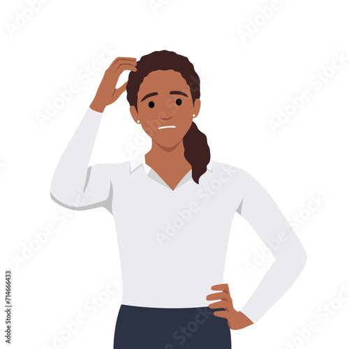 Young woman scratching her head. Puzzled girl scraping hair, feeling doubt or hesitating. Question and doubt concept. Flat vector illustration isolated on white background