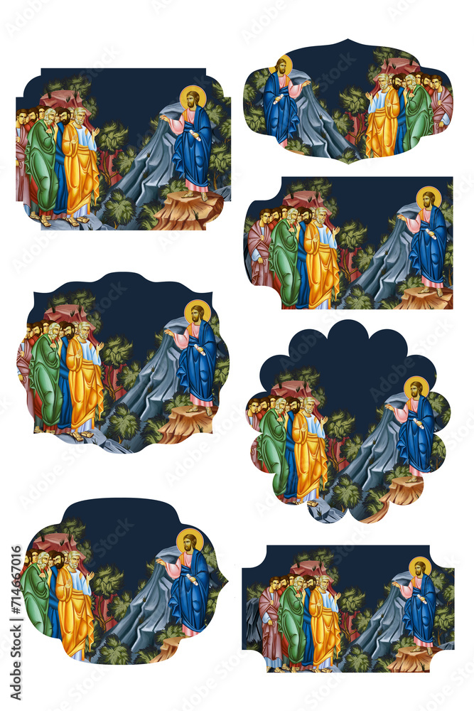 The earthly appearances of Jesus to his followers after his death, burial, and resurrection. Religious gift tags in Byzantine style on white background
