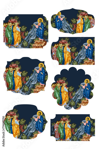 The earthly appearances of Jesus to his followers after his death  burial  and resurrection. Religious gift tags in Byzantine style on white background
