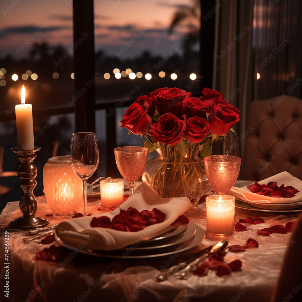 Dinner table set with candle and  roses for romantic celebration on valentine's day generative AI