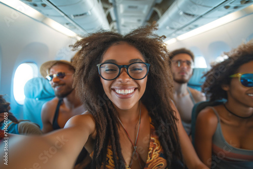 Happy girl tourist taking a selfie photo with a smart mobile phone boarding a plane,Cheerful tourist inside the plane about to take off,Travel lifestyle concept