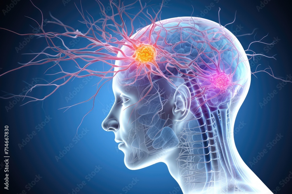 Obraz premium Red Brain cycles calming, restful REM sleep phase. Mindfulness, relaxation, guided meditation techniques aid in achieving transcendental sleep state. Mantras deep and blue restorative sleep experience