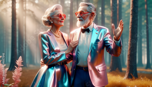 Handsome and fashionable elderly people in bright clothes, active and happy life