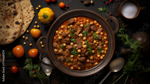 A fragrant bowl of lamb and chickpea stew, slow-cooked with aromatic spices like cumin and cinnamon