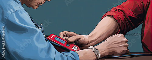 Oximeter finger pulser, digital device for oxygen saturation in blood measuring. Patient measure oxygen.