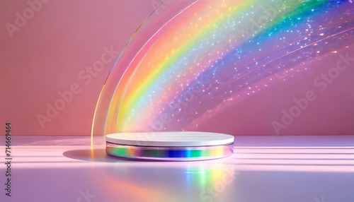 abstract minimal scene empty stage cylinder podium on soft pink background with rainbow crystal light refraction sparkles pedestal for cosmetic product and packaging mockups display presentation