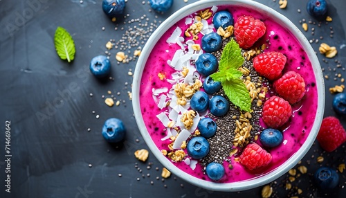 Superfood smoothie bowl with fruits  chia  granola   blueberries from above with copy space.