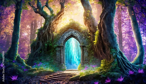 art of a magical portal in the middle of an enchantic spectacula fantastic forest