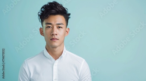 Full length portrait of young handsome southeast Asian millenial businessman looking at camera on light blue studio background photo