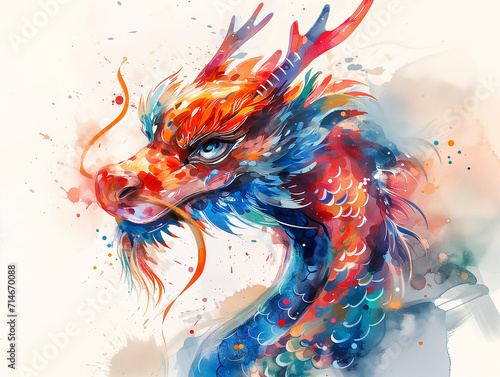 illustration moderne dans le style aquarelle, d'un dragon très coloré bleu et rouge pour le nouvel an chinois ou la fête du Têt au Vietnam - signe astrologique chinois