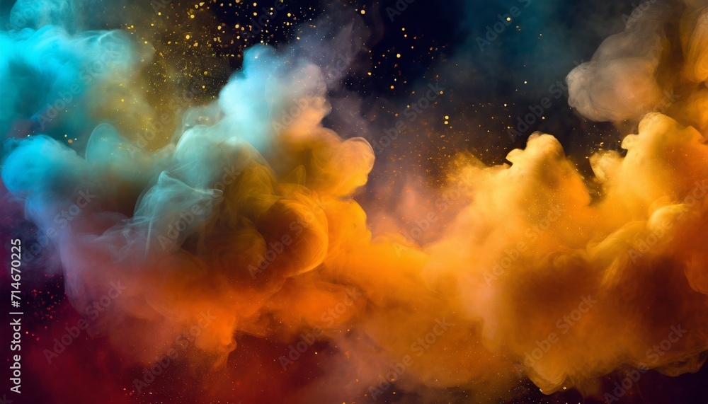 colorful clouds of smoke and shiny dust on dark background