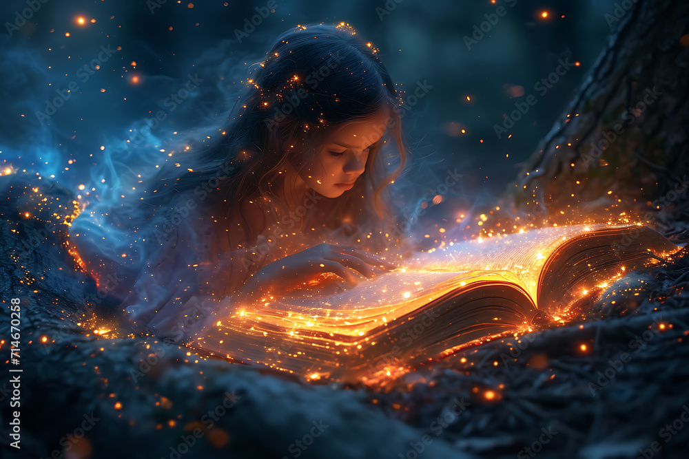 a little girl reads a book and immerses herself in a fairy tale
