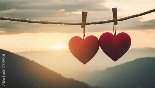 Valentine s Day Love - Two red hearts hung on a rope along with the silhouette of a sunset photo