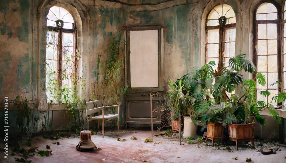 unclean abandoned post apocalyptic classic room background with plants ...