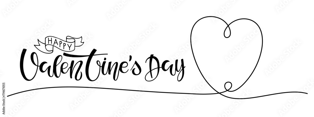 Valentines Day card. Happy Valentines Day text with Continuous one line drawing Heart. Single line Valentines background with heart For flyers, invitation, poster, brochure, banner. Black white print