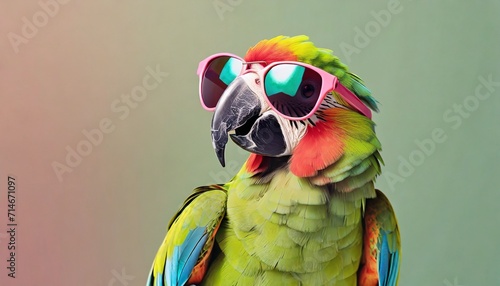 creative animal concept parrot bird in sunglass shade glasses on solid pastel background commercial editorial advertisement surreal surrealism