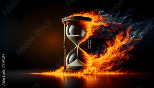 Sand clock hourglass on fire on a black background 