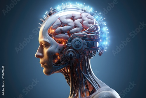 Cyborg brain, technology AI robotic cybernetic, neural augmentation 3d mind head skull x-ray with BCI and neuroprosthetics. Augmented cognition implant driven neurotechnology leads to neuroenhancement