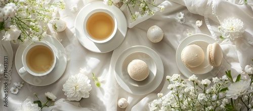 Feminine tranquility with aesthetic tea service, herbal tea, and macaron desserts surrounded by biophilic decor and white flowers.