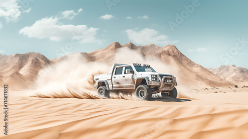 A white racing truck speeding through the desert. © Muhammad