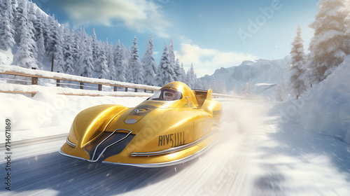 A yellow bobsled racing down a snowy track.